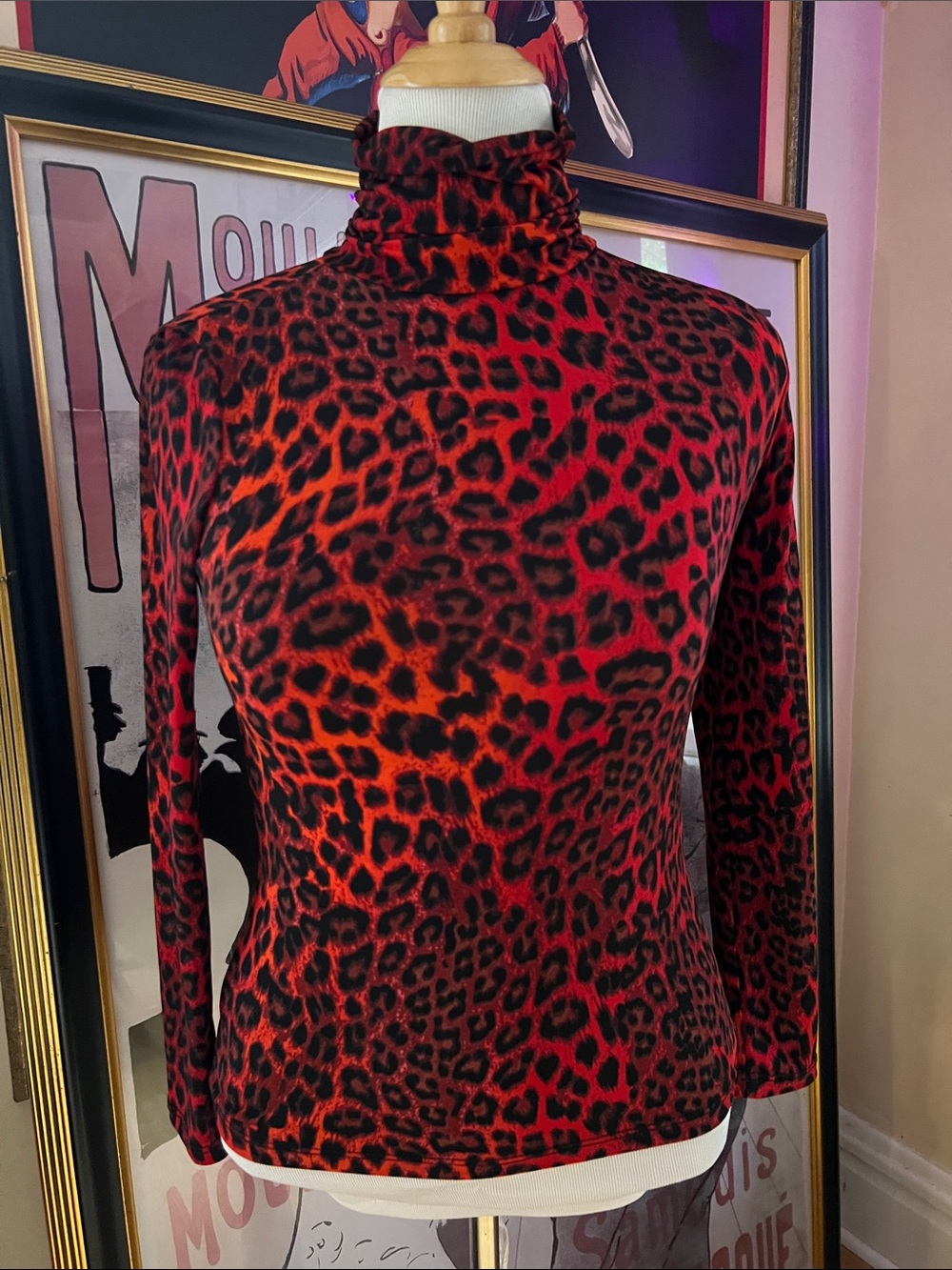 Boston Proper Red and Black Leopard-Print Turtleneck Long Sleeve Top sz XS